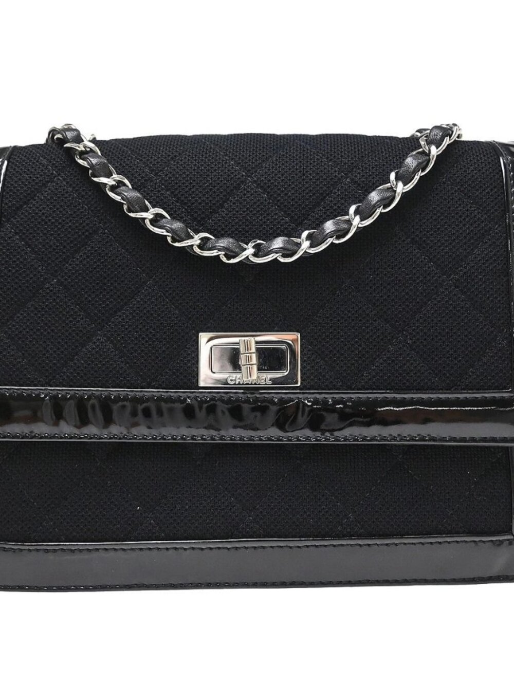 Chanel Black Canvas Patent Leather Mademoiselle Lock Shoulder Bag